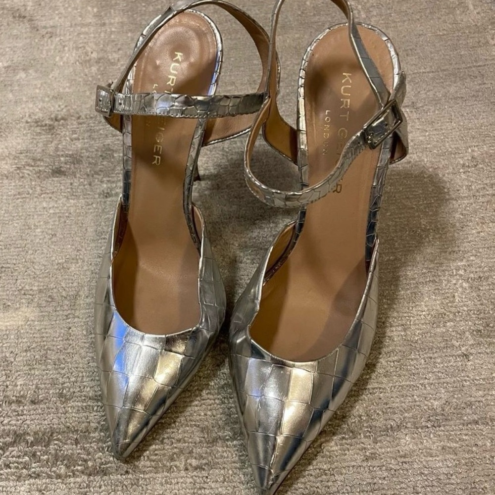 KURT GEIGER silver metallic croc stiletto slingback heels 8.5 great condition